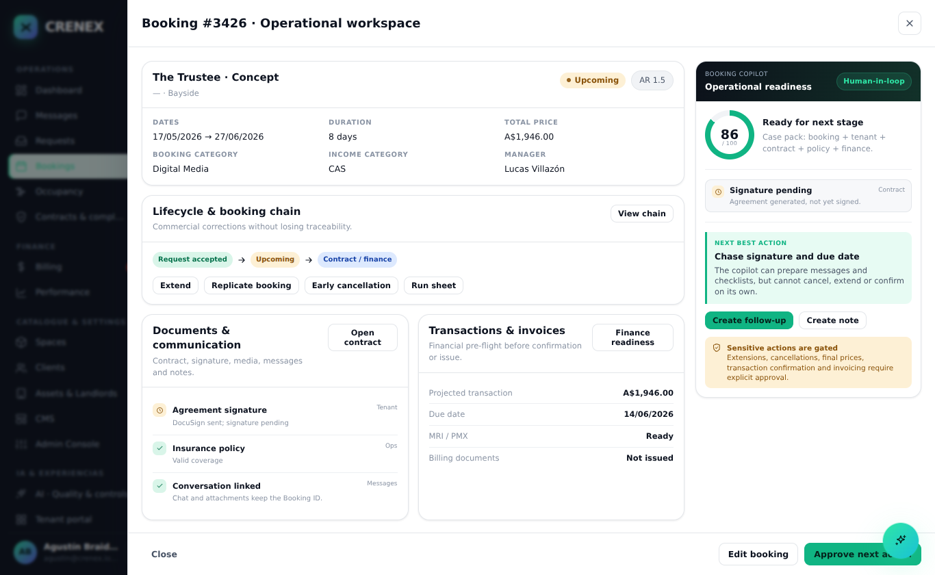 Crenex OS booking workspace